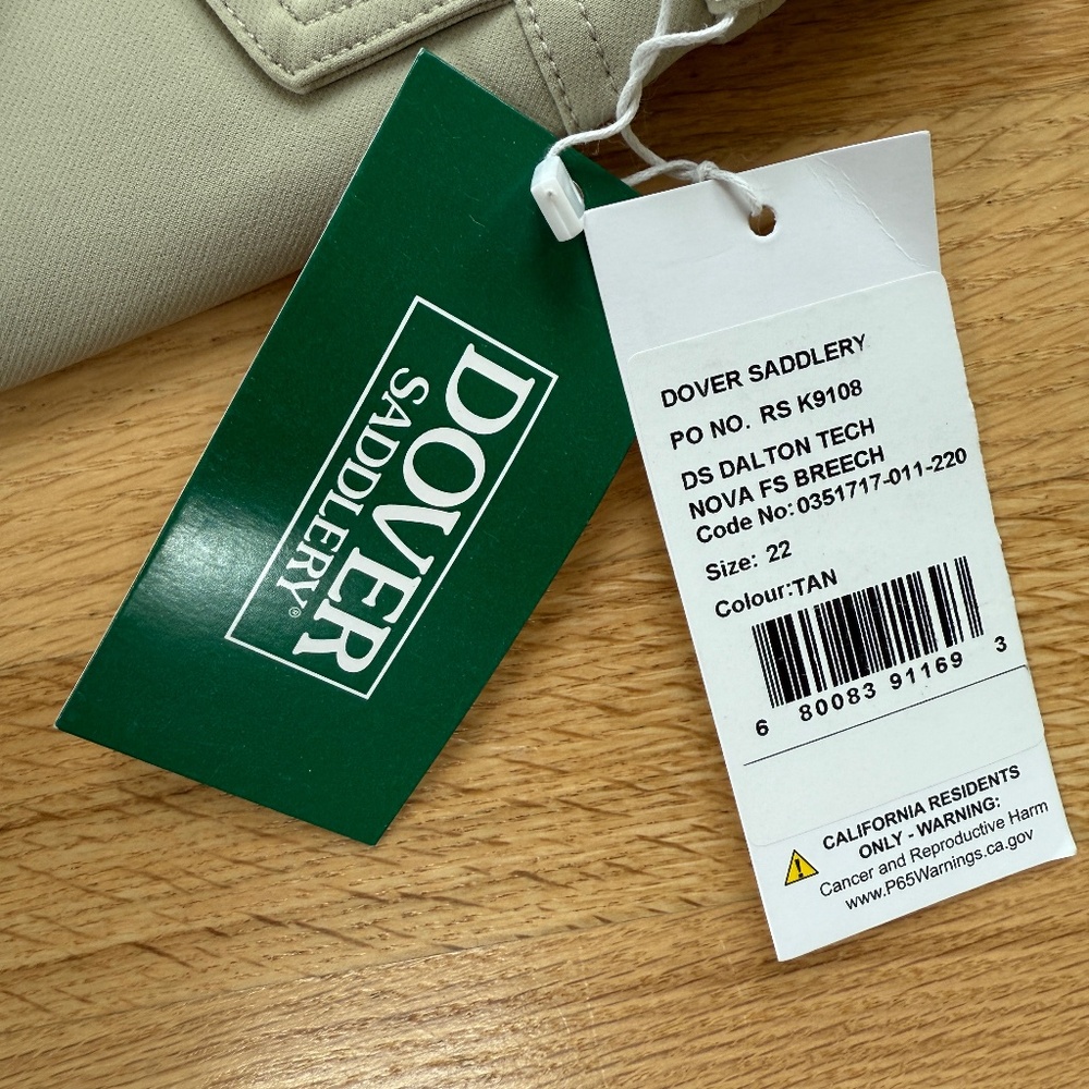 NWT Dover Saddlery Ladies’ Breeches, Tan, Size 22